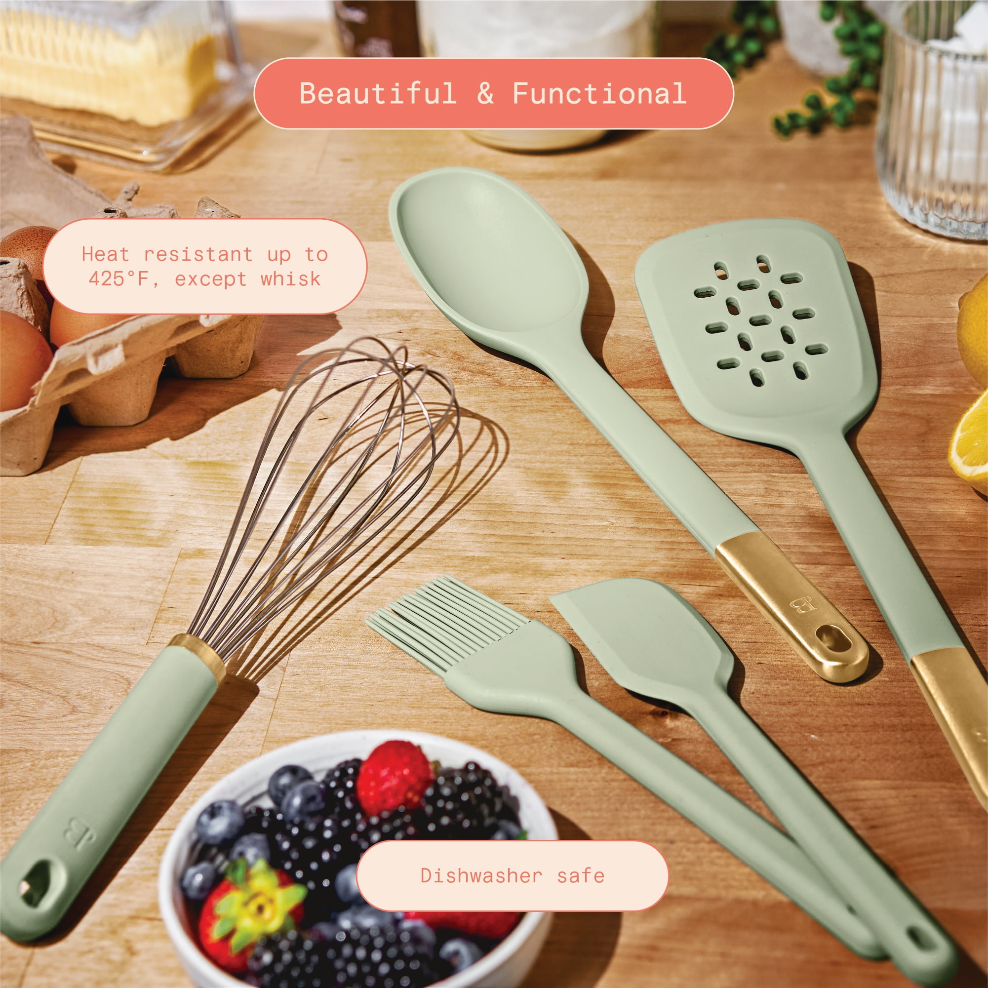 Beautiful 5-Piece Kitchen Tool Set, Sage Green by Drew Barrymore