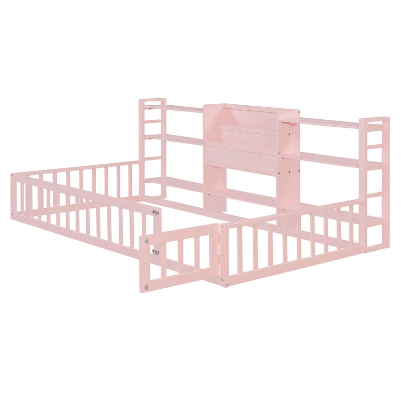 Twin Size Floor Bed with Integrated Bookcase and 3-Tier Storage Shelves, Low Profile Wood Toddler Bed Montessori Bed with Safety Guardrails for Boys Girls