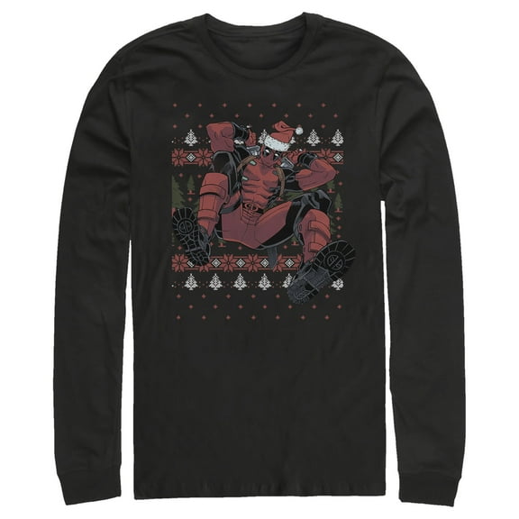 Men's Marvel Deadpool Santa Hat Ugly Sweater Holiday Long Sleeve Shirt Black X Large