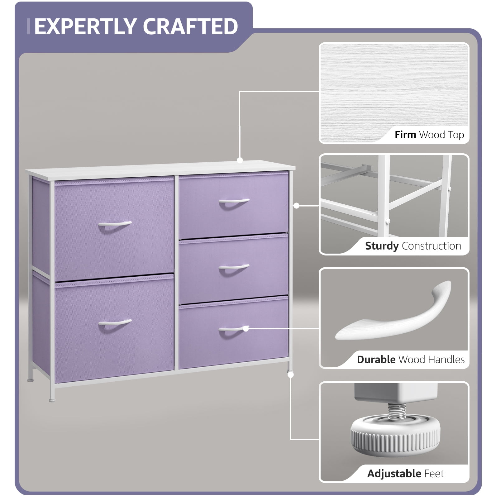 Sorbus 5 Drawer Dresser Storage Chest with Steel Frame, Wood Top, Fabric Bins, Multi Pastel