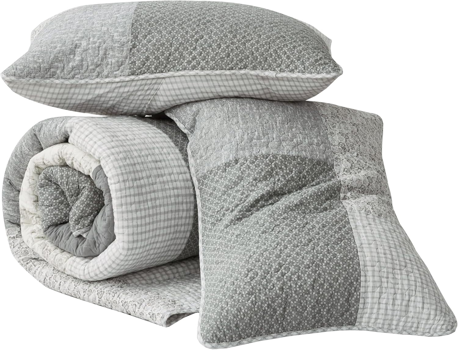 Chezmoi Collection 3-Piece Muted Gray White Ivory Floral Plaid Patchwork Cotton Quilt Reversible Lightweight Bedspread Set, Oversized King 120x96