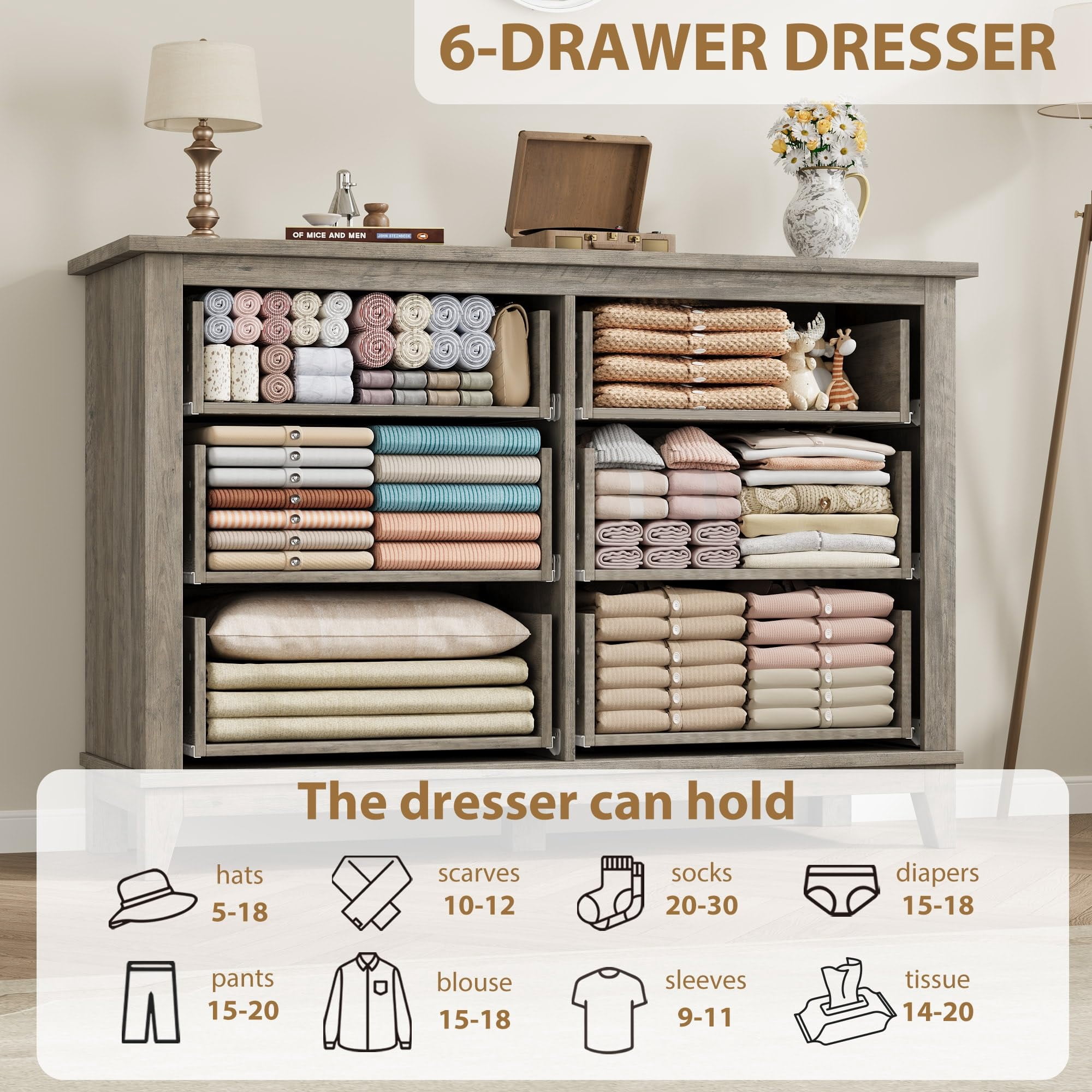 Towallmark 47" Wide Dressers for Bedroom 6 Drawers Wooden Dresser Storage Chest of Drawers for Living Room,Entryway,Gray