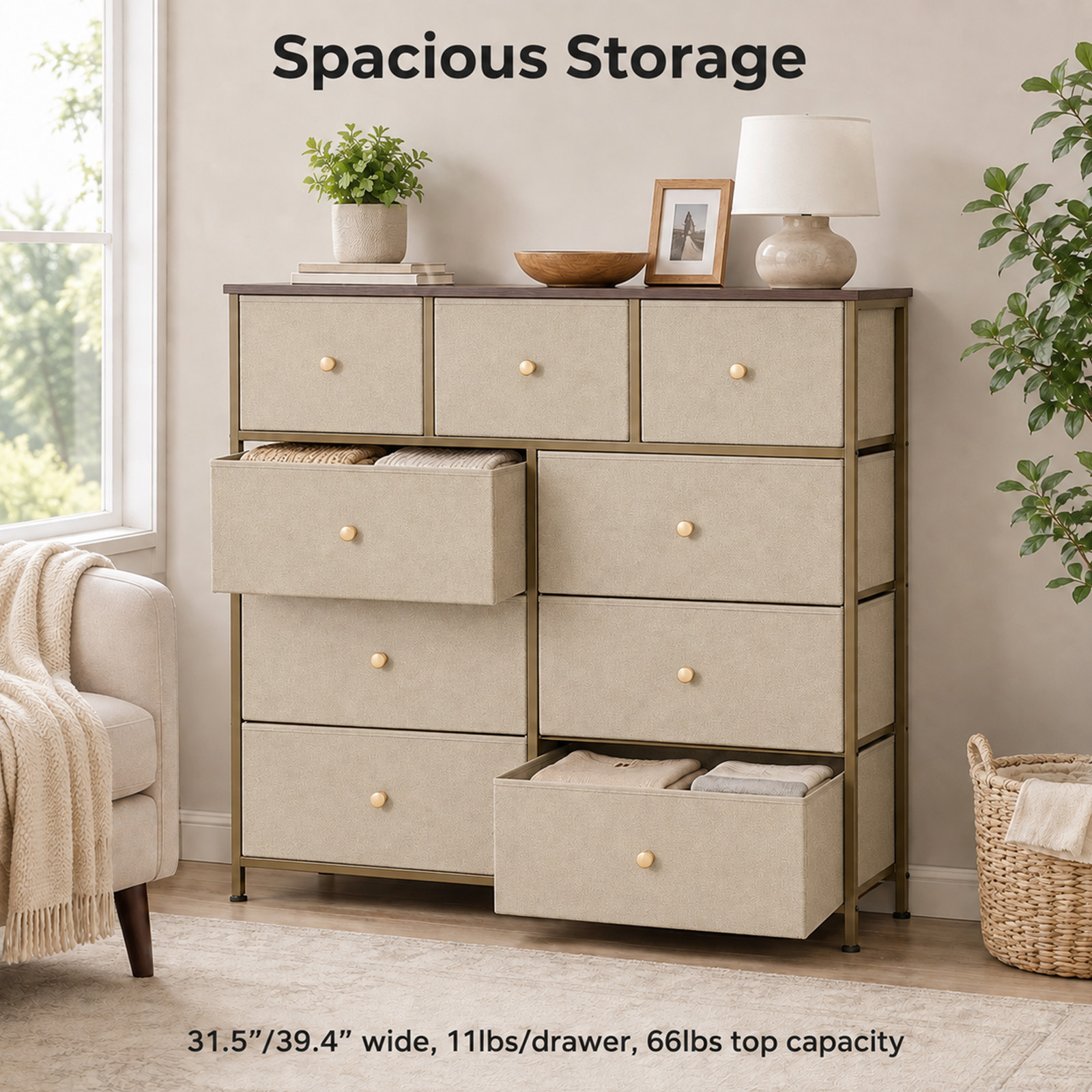 Alvantor 8/9 Drawer Fabric Dresser, Storage Tower for Bedroom and Closet, Chest of Drawers with Sturdy Steel Frame & Wooden Top for Living Room, Entryway