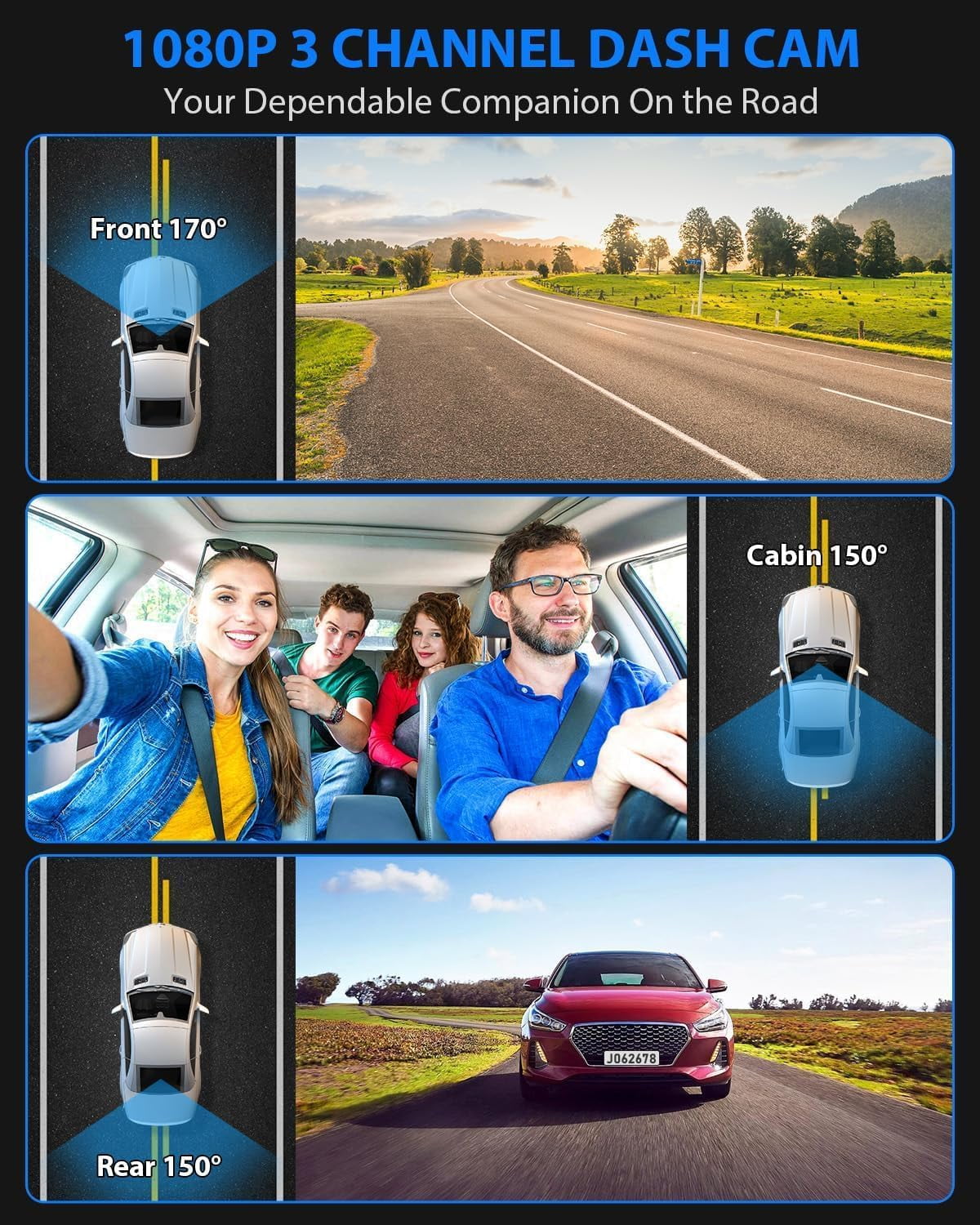 ALDF Dash Cam Front and Rear, 1080P Dash Camera for Cars, 3 Channel Car Camera Front Rear and Inside with 32GB Card, Loop Recording, Night Vision, HDR, 24Hr Parking, G-Sensor