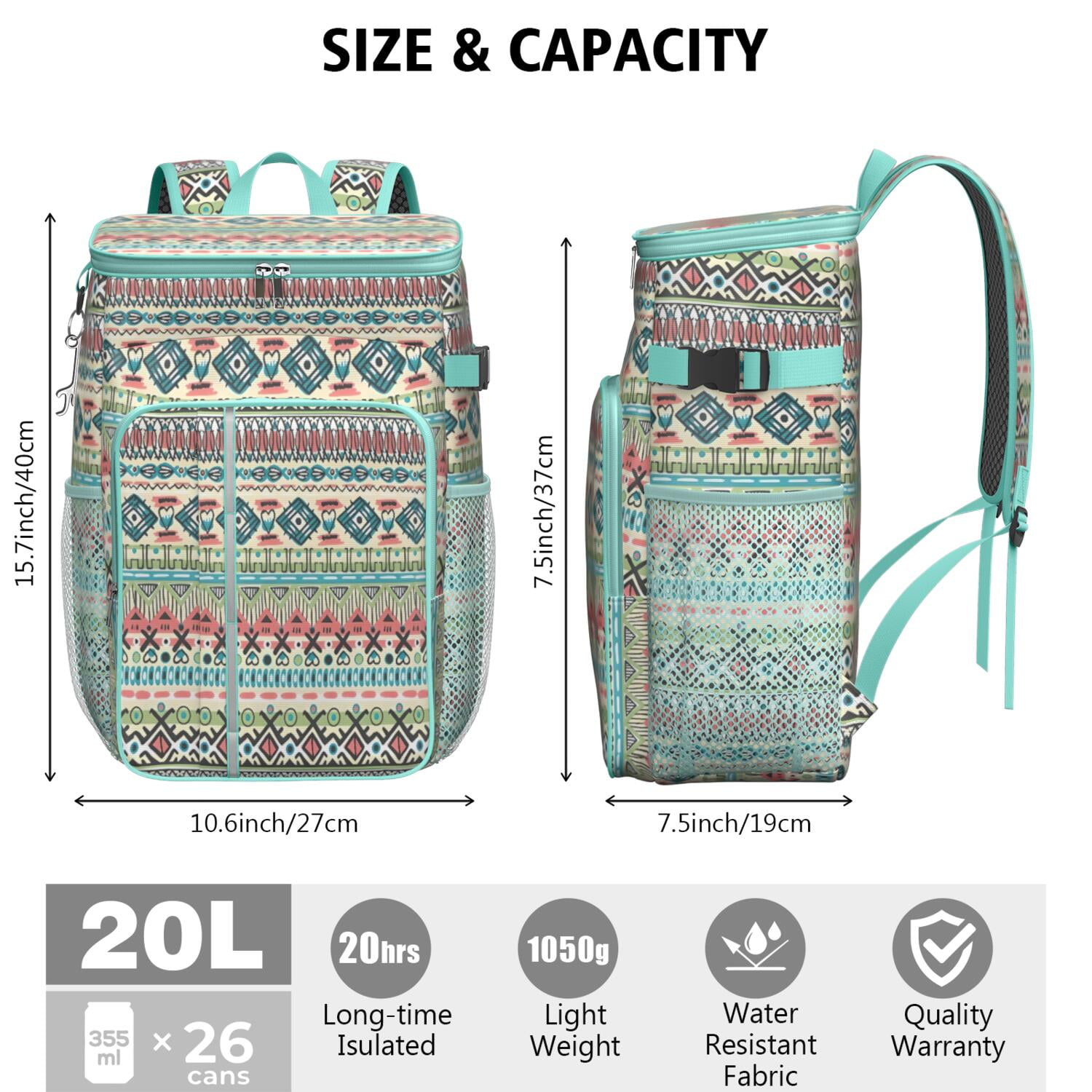 Travel Cooler Bag - Boho Bohemia Pioneer Flower Geometric Line Art Camping Beer Cooler Backpack with Bottle Opener- Waterproof Insulated Picnic Backpacks - Cooler Bag for Beach