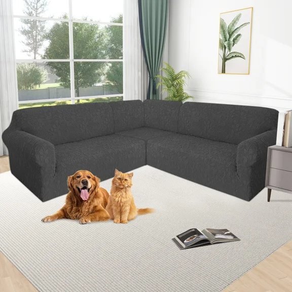 TOPCHANCES Jacquard Sectional Sofa Covers, 3-Piece Stretch Couch Slipcovers Furniture Protector for 7-Seater L-Shaped Corner Sofas ( Dark Gray )