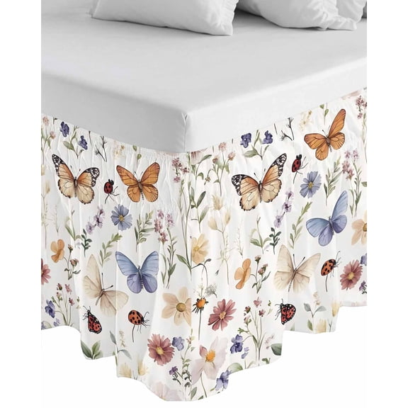 Spring Pastoral Botanical Wrap Around Bed Skirts for Queen Bed 18" Drop,Bed Skirt with Adjustable Elastic Belt Dust Ruffle Bed Valance for Bedroom Hotel Farmhouse Butterfly Floral Bed Frame Cover