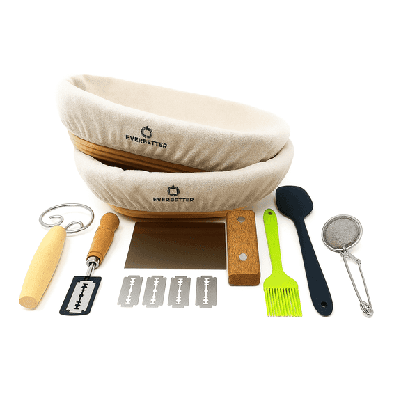 EverBetter Living Banneton Bread Proofing Basket Rattan with Linen Liners 10 Piece Set 9 Inch Round 10 Inch Oval