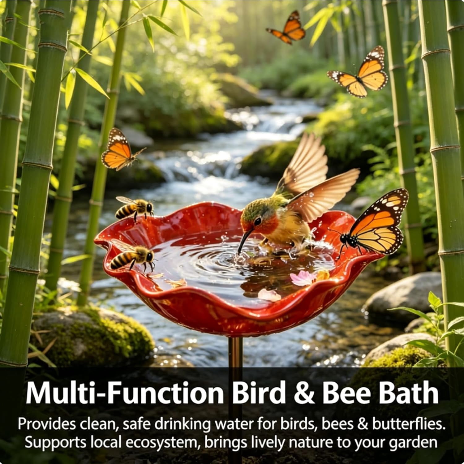 Everlasting Garden Blooms - Handmade Metal Flower Garden Stake, Mini Bird Bath & Pollinator Water Station, Colorful Butterfly Bees Bath Bowl for Outdoor Garden Courtyard Decor (7mix)