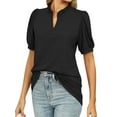 thumbnail image 4 of HUBERY Women Ruffle V Neck Puff Short Sleeve Solid Color Top, 4 of 7