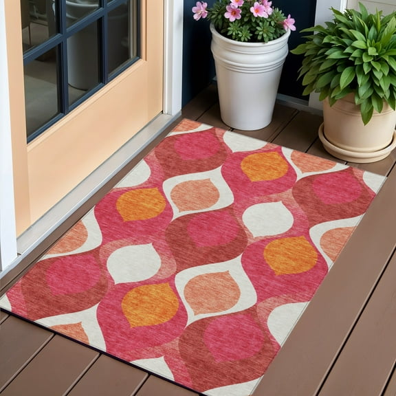 3' X 5' Pink Mauve And Orange Ogee Washable Indoor Outdoor Area Rug