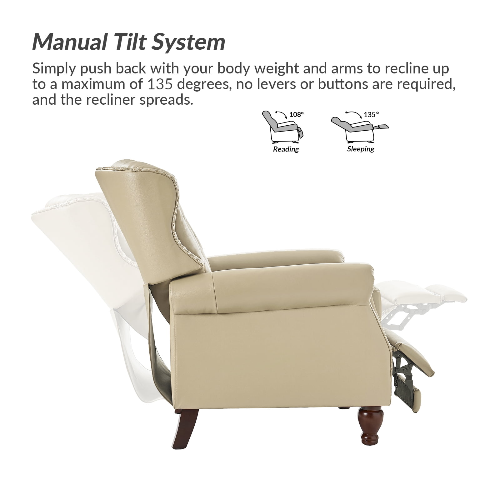 Traditional Genuine Leather Push Back Wingback Recliner Chair Tufted with Nailhead Trims and Solid Wood Legs for Living Room Beige