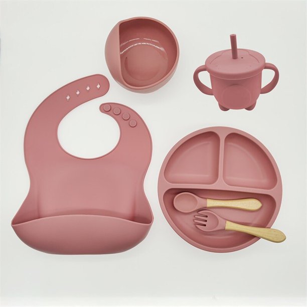 Vajilla De Silicona De 6-8 Piezas Para Bebé Juego De Baberos Con Ventosa Tazón Cuchara Tenedor Taza De Alimentación Plato Dividido Platos Infantiles Vajilla Para Niños Suministros Para Madres Y Bebés