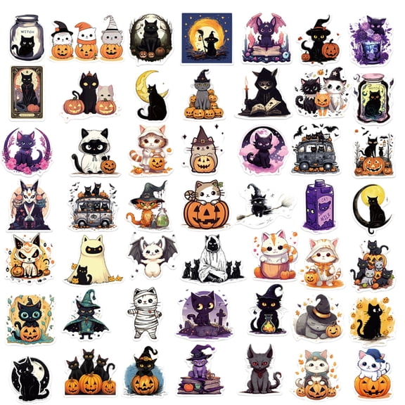 50PCS Halloween Cat Stickers Set for Water Bottle Laptop Phone Case Notebook Scrapbook Journal Planner DIY Decoration