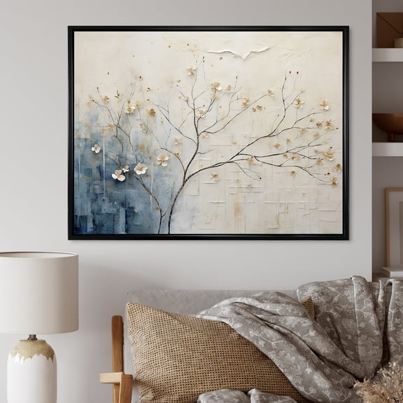 Designart "Tranquil Minimalism In Beige And Blue Countryside" Countryside Floater Framed Canvas Prints