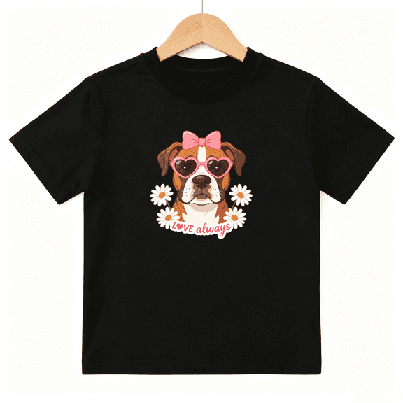 Dog Heart Sunglasses Girls Graphic Tee, Cute Retro Floral Puppy 100% Cotton Kids Short Sleeve T-Shirt
