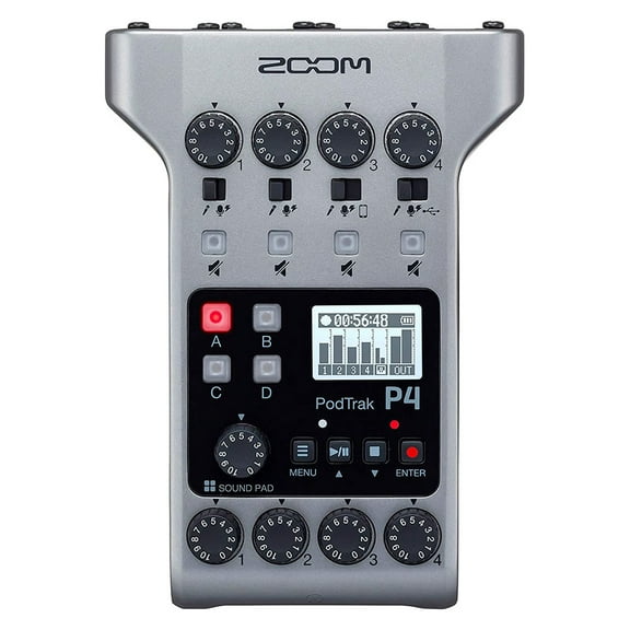 Zoom PodTrak P4 Podcast Recorder, Battery Powered, 4 Microphone Inputs, 4 Headphone Outputs, Phone and USB Input for Remote Interviews, Sound Pads, 2-In/2-Out Audio Interface