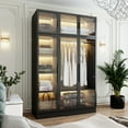 thumbnail image 2 of KULAGAGA Bedroom Wardrobe with Glass Doors and Lights, Armoire Closet Cabinet with Hanging Rod and Shelves, 2 of 7