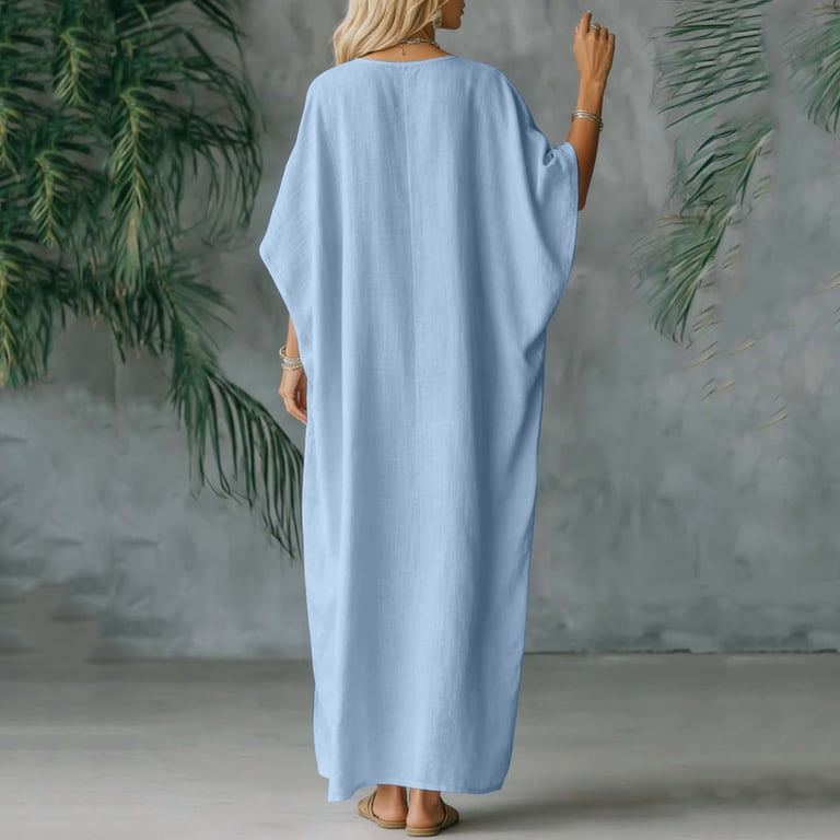 Efsteb Women's V-Neck Batwing Sleeve Dress Lightweight Cotton Linen Summer Dresses Casual Maxi Dress with Side Slit for Beach Blue,M, Size: Medium Efsteb Women's V-Neck Batwing Sleeve Dress Lightweight Cotton Linen Summer Dresses Casual Maxi Dress with Side Slit for Beach Blue,M, Size: Medium