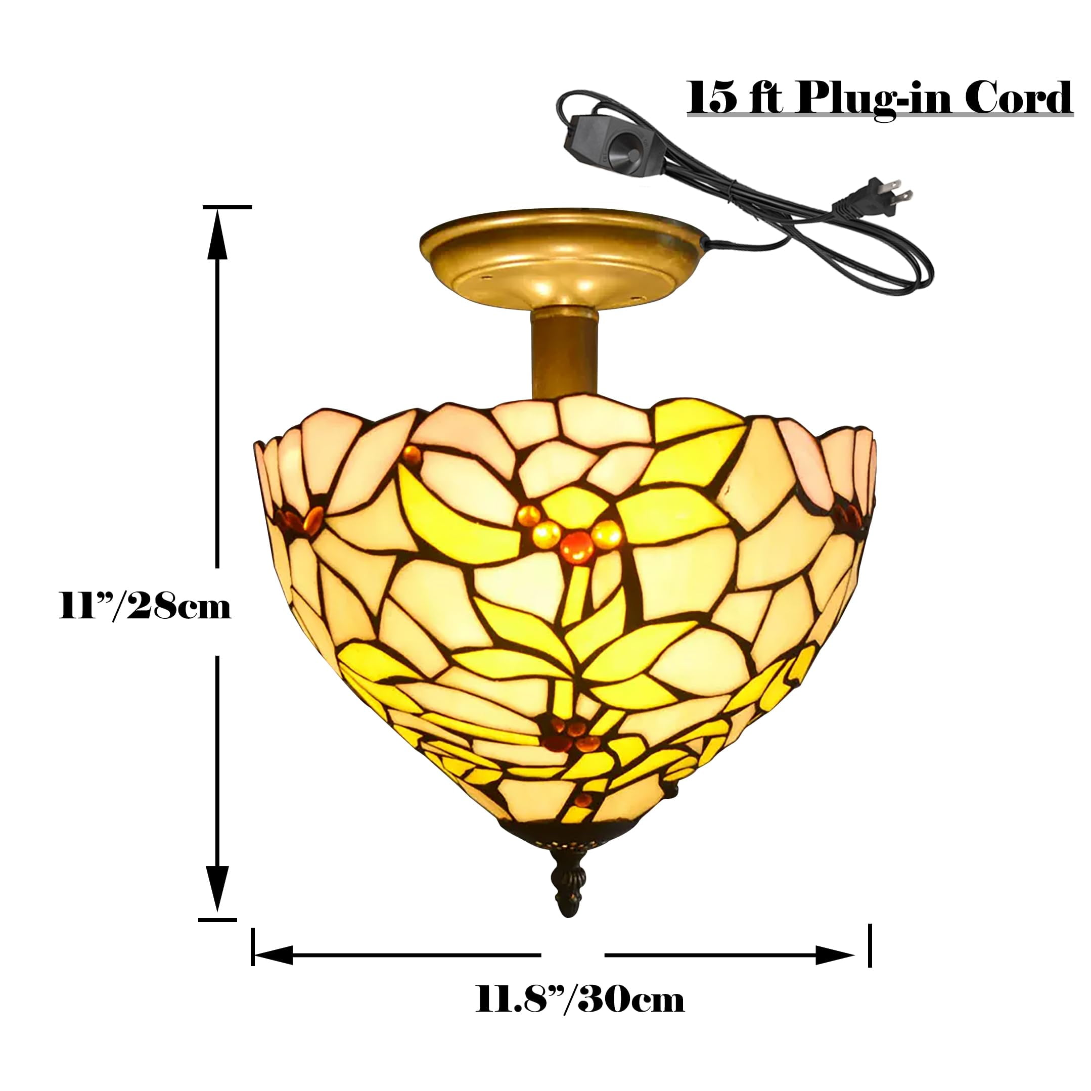 Kiven 11.8in Plug-in Flush Mount Ceiling Light Fixture, 2-Light Anti Glare Close to Ceiling Light with 15FT Cord, Tiffany-Style Glass Chandelier Dimmable for Bedroom Kitchen Hallway(No.3190)