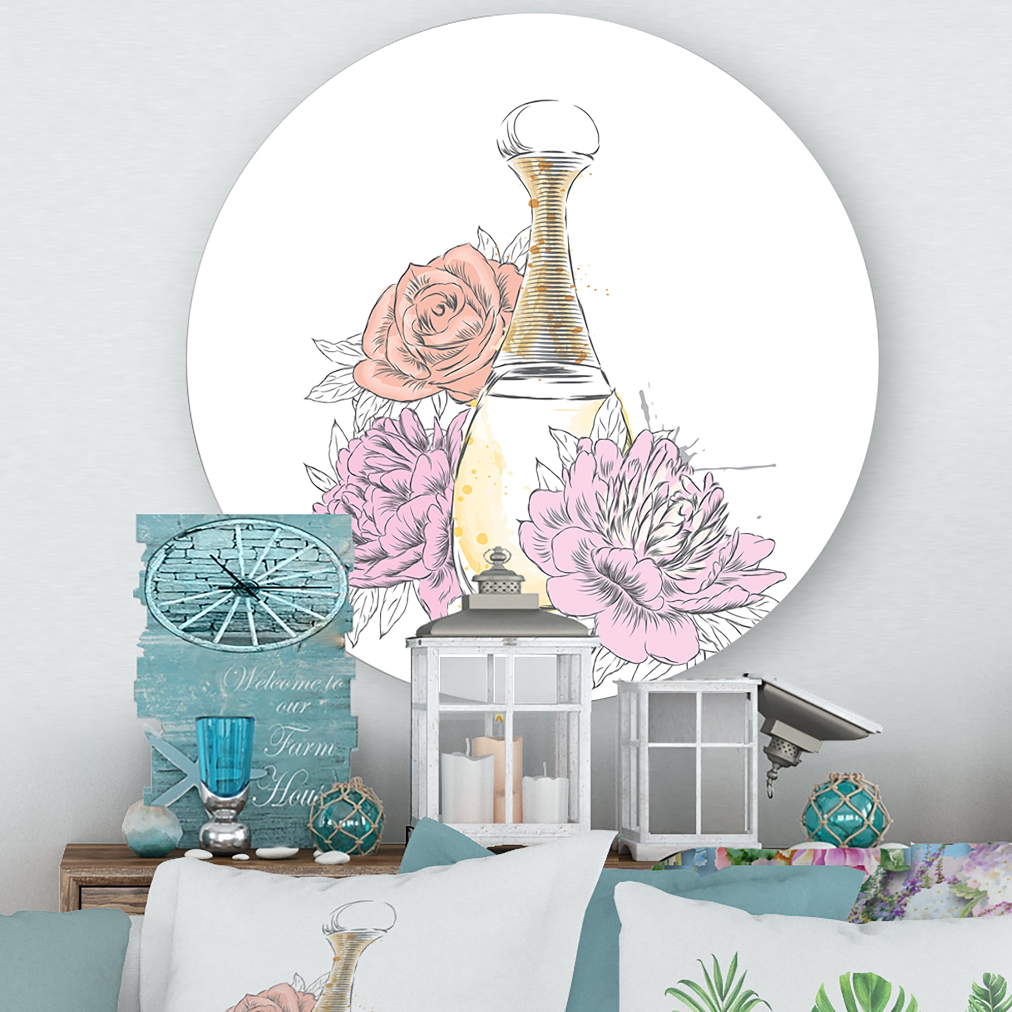 Designart 'Bouquet of Flowers and Perfume Bottle I' Traditional Circle Metal Wall Art 11x11 - Disc of 11