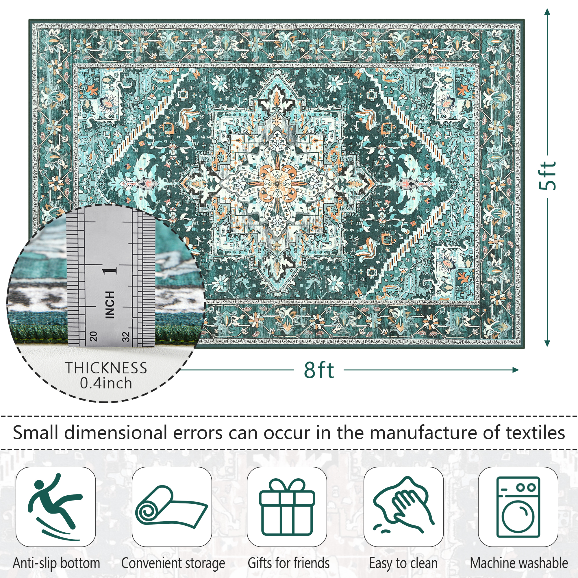 Homore Vintage Boho Oriental Medallion Area Rug, 5' x 8', Green