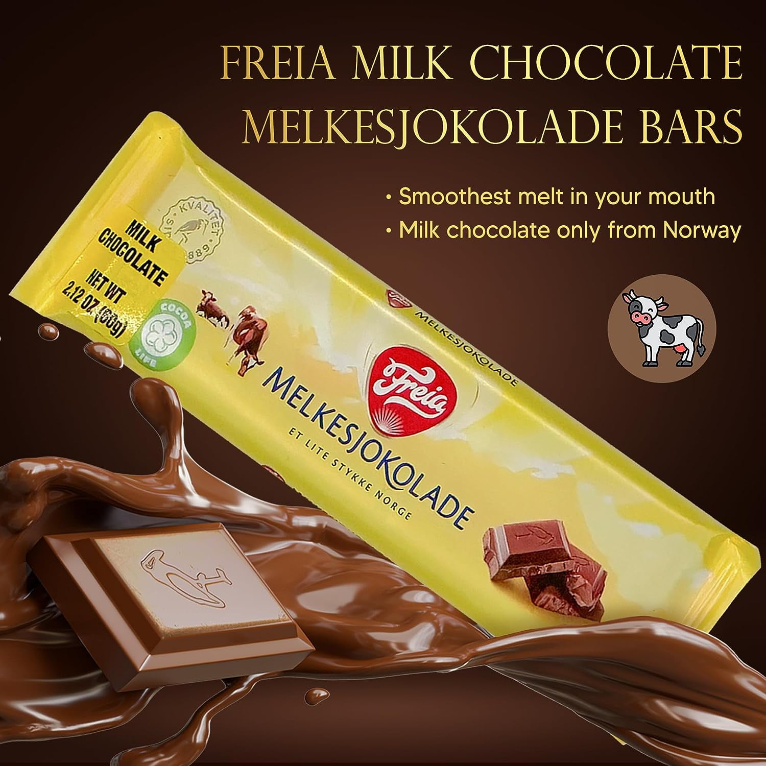 Freia Norwegian Milk Chocolate Bars, 12-Pack, 60g, Individually Wrapped, Rich, Decadent, Smooth Melt-in-Your-Mouth