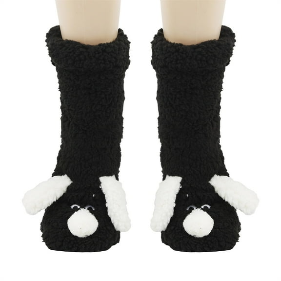 Sunvit-Panties Adult Female Plush Socks: Dog-Inspired 3D Details, Sherpa-Like Cozy Warm Mid-Calf Socks, Black, One Size Fits Most for Loungewear & Cold Weather,Size Free Size