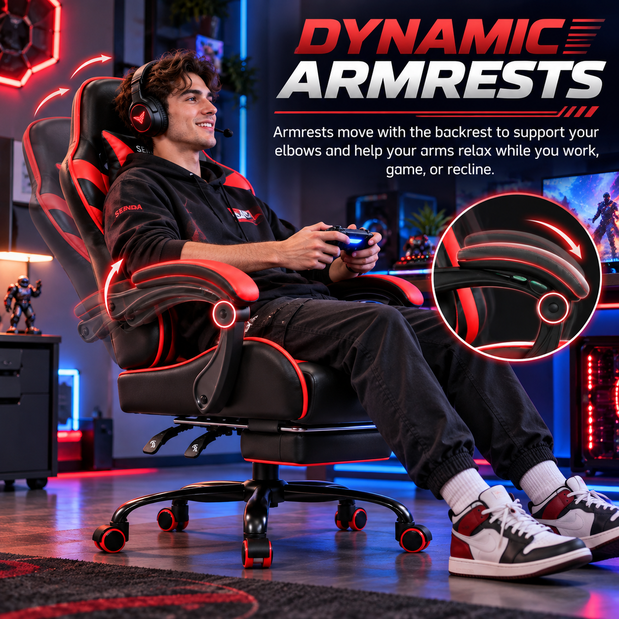 Seenda Gaming Chair with Footrest and Lumbar Support, Red photo 6