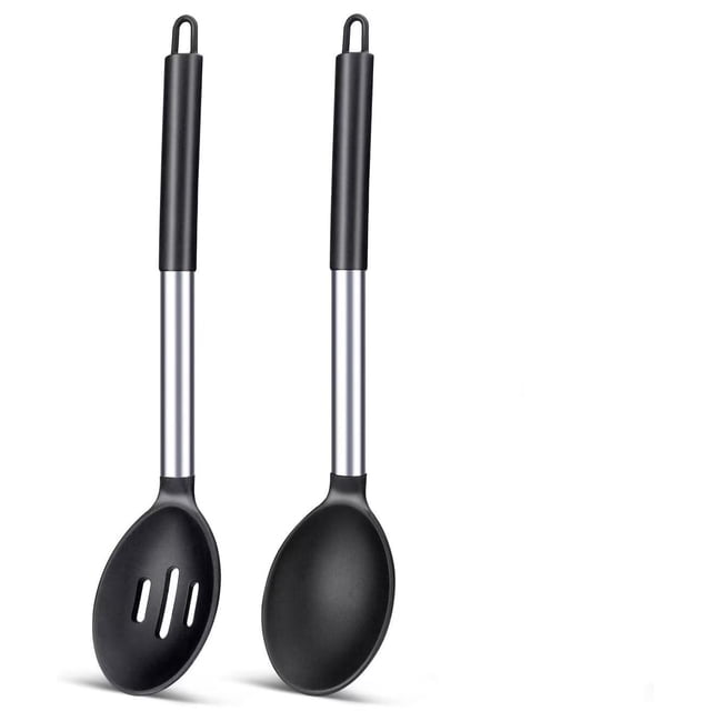 Set de 2 Cucharas de Cocina de Silicona Negra Antiadherentes Resistente al Calor con Mango de Acero Inoxidable
