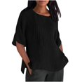 thumbnail image 5 of Dasayo Cotton Linen Tops for Women Trendy Short Sleeve Black Pleated Casual Solid Split Blouses Tees for Women XXXXL, 5 of 5