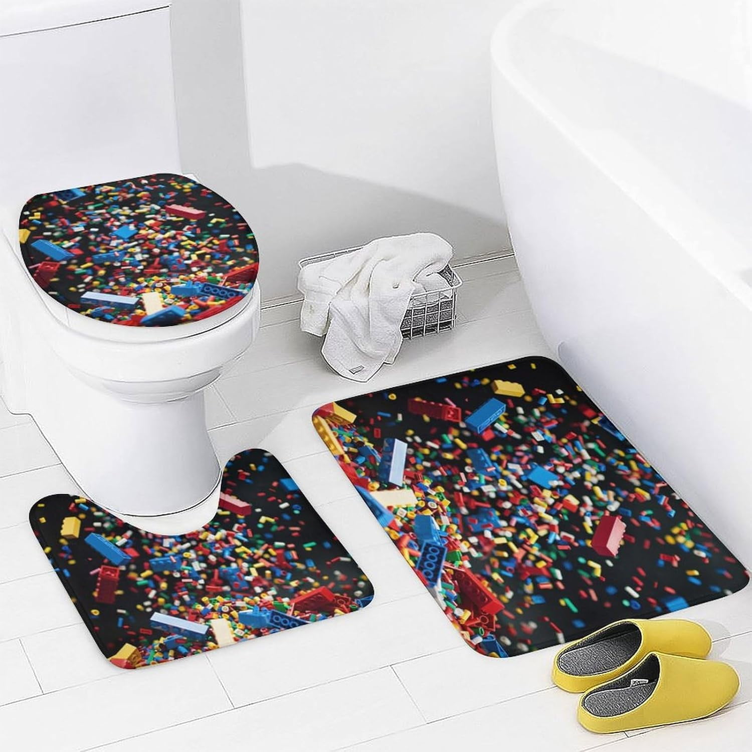 4Pcs Colorful Building Block Brick Shower Curtain Sets with Rugs, Toilet Lid Cover and Bath Mat, Geometric Bathroom Shower Curtains Set with 12 Hooks