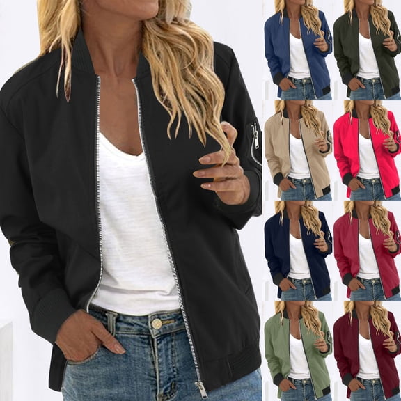 CAIXIA Womens Bomber Jacket Casual Zip Up Lightweight Windbreaker Coat with Pockets Solid Color Fall Fashion Everyday Outerwear