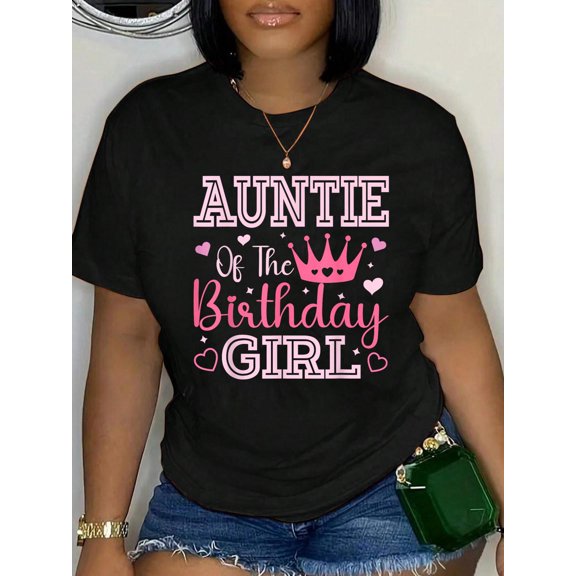 Auntie of The Birthday Girl Cute Pink Matching Family Party T-Shirt Women's Men's Graphic Tee Casual Tops