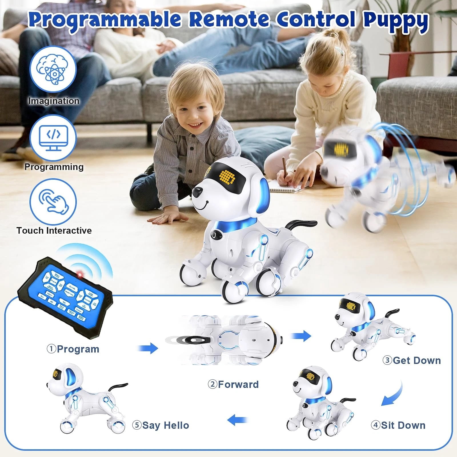 Ficcug Remote Control Robot Dog Toy, Digital Programmable Smart Interactive Puppy Pet with Touch Sensing,Gift for Boys Girls Kids 3+