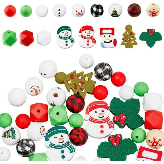 43Pcs Christmas Focal Silicone Beads Colorful Round Beads Christmas Snowman Snowflake Silicone Beads Set Keychain Making Kit
