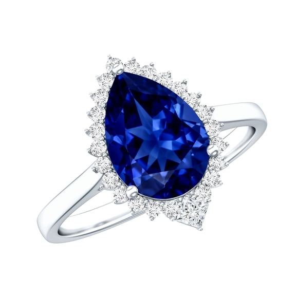 Rosec Jewels Lab Grown Blue Sapphire Teardrop Engagement Ring with Diamond Halo - Statement Ring - AAAA Grade - with Jewelry Box, 925 Sterling Silver, US 4.00