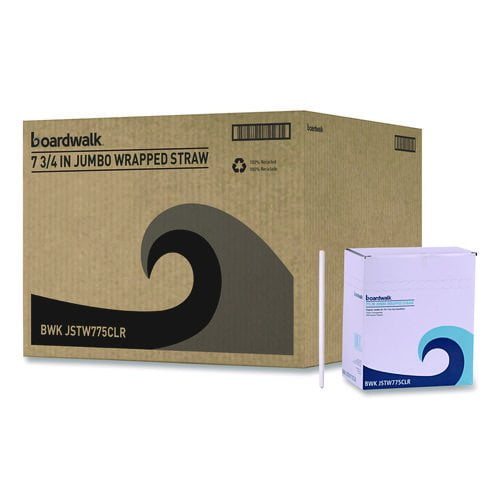 Boardwalk Wrapped Jumbo Straws, 7.75", Polypropylene, Clear, 500/Pack, 24 Packs/Carton