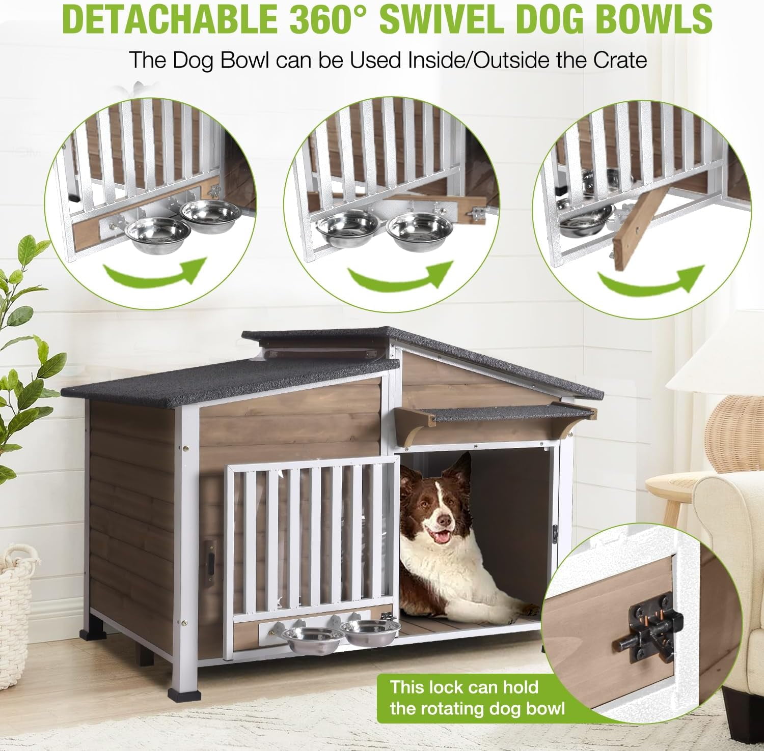 Aivituvin Dog House Outdoor with Bowls Weatherproof Dog Kennel with Anti-Chewing Iron Frame Dog Shelter for Small Medium Dogs(Light Brown)
