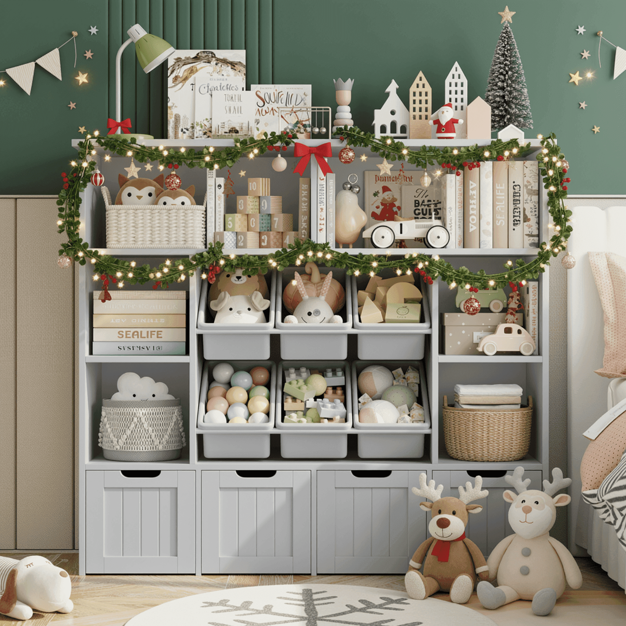 Hiphuta Large 4 Tier Kids Bookcase, Wood Toy Organizer of 6 Boxes & 4 Removable Drawers, Bookshelf for Kids Room Classroom, Grey