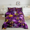 thumbnail image 2 of Manfei Mgeometric Eaethetic Art Full Size Comforter Sets,Marble Print Bedding Comforter Set,Purple Hexagon Gold Leaves Bedding Sets For Teens,Microfiber Bedroom Decor Reversible,3pcs, 2 of 8