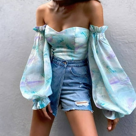 

qolati Women Off Shoulder Tops 2023 Summer Casual Dressy Bustier Strapless Corset Shirts Sexy Floral Print Lantern Sleeve Slim Fit Blouse