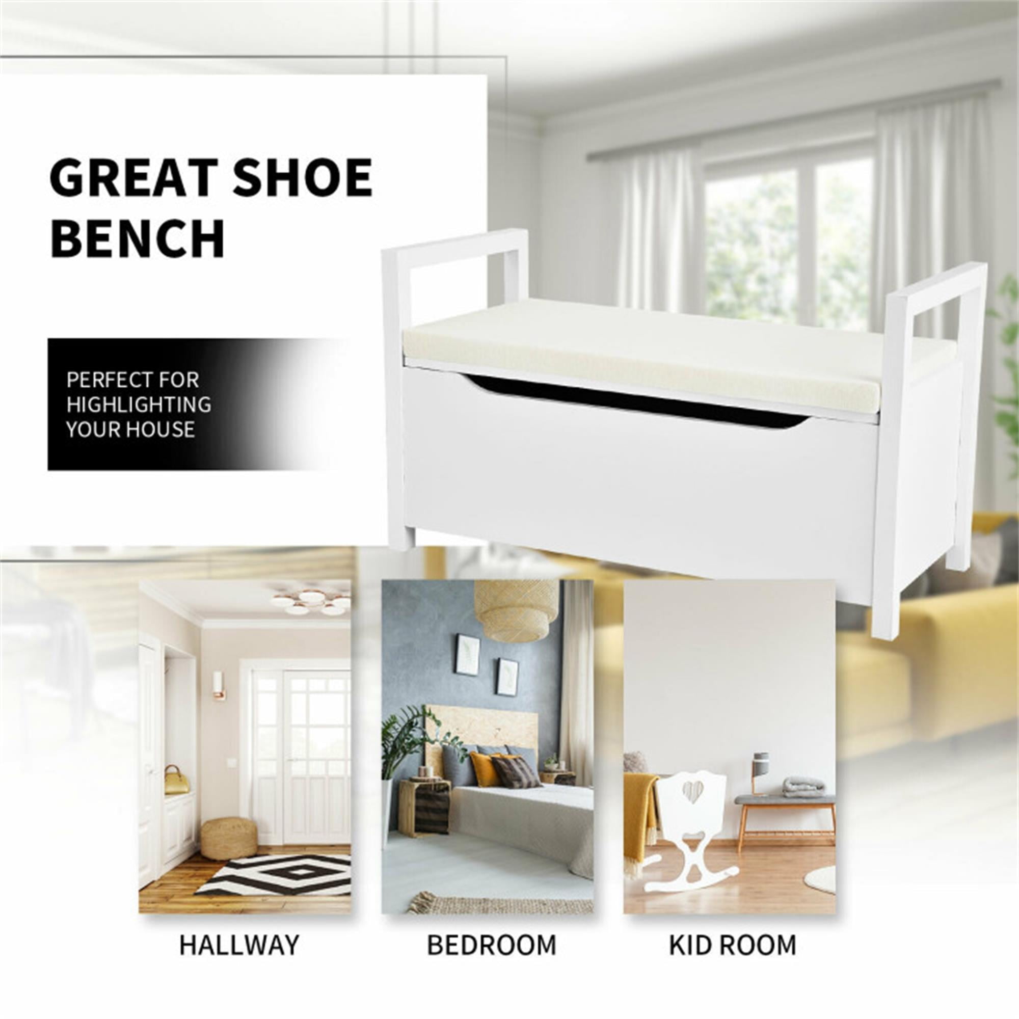 Demi Bonn 34" Storage Bench with Cushion, Lift-Top Toy Storage Organizer Trunk with 2 Safety Hinges, Wood Storage Box Chest for Bedroom, Entryway, Living Room, White