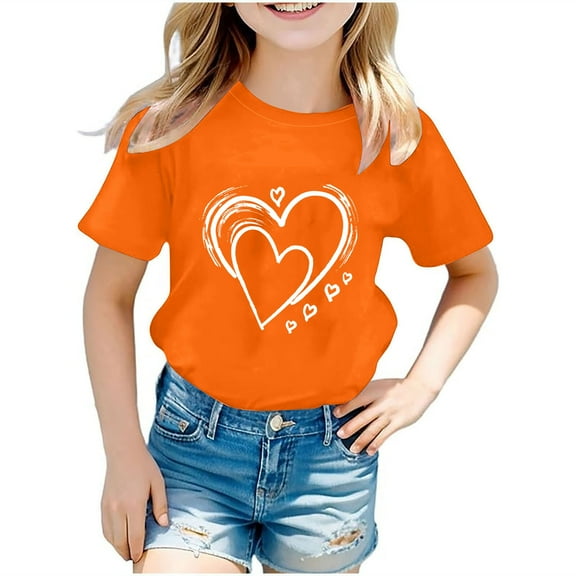VKOYWKM Orange Shirts for Girl's Cute Love Heart Graphic T Shirts Short Sleeve Casual Summer Tops Loose Fit Crew Neck Kids T-Shirts TeesOrange8 Years