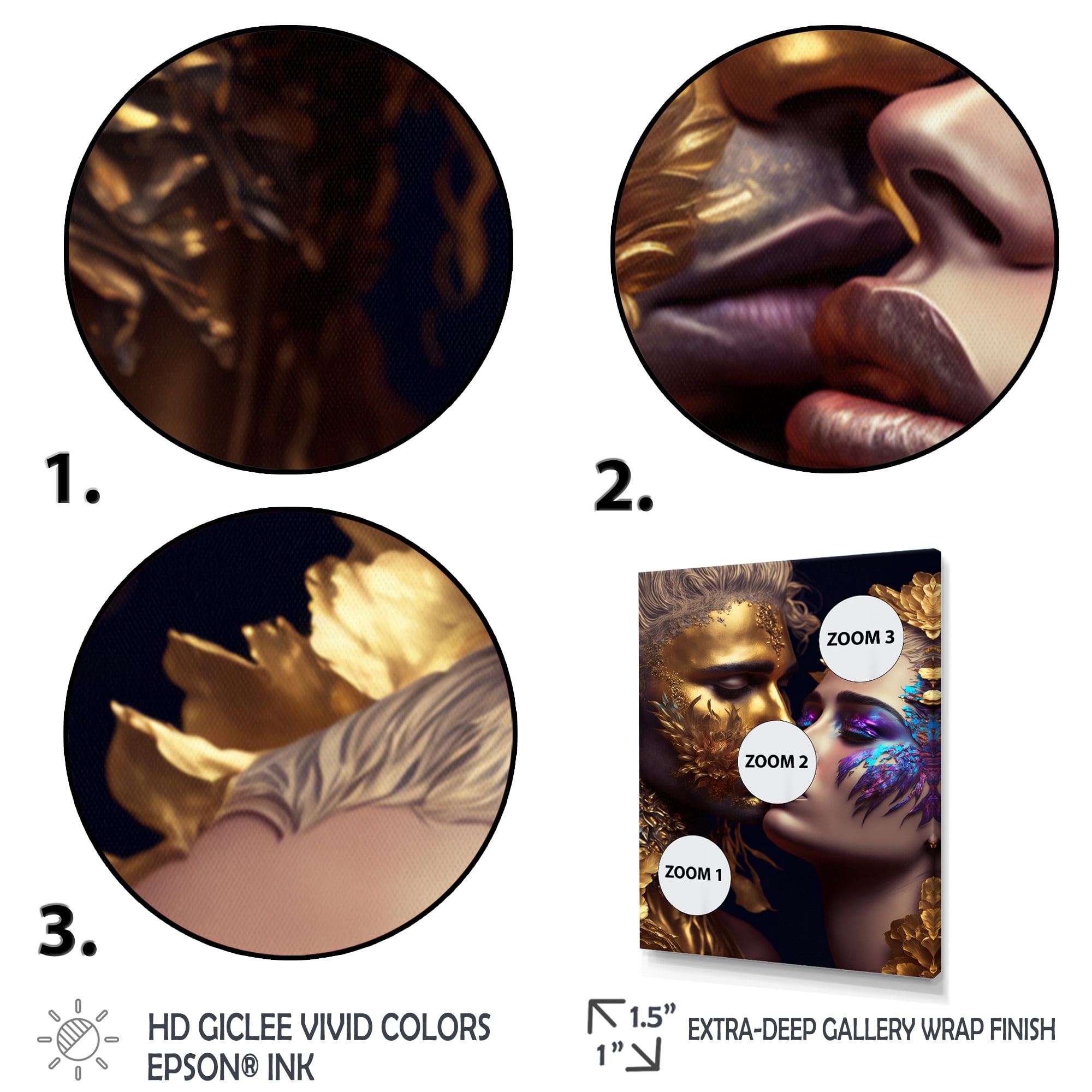 Designart Black And Gold Couple Kissing Art III Canvas Wall Art