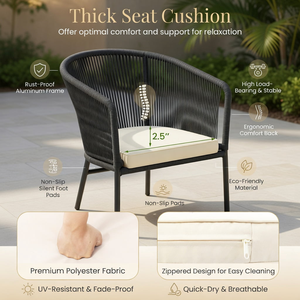 Hommoo 4-Piece Outdoor Patio Chair Set with Curved Backrest, Thick Seat Cushions & Adjustable Feet, Modern Bistro Chairs for Deck, Balcony, or Garden, Black