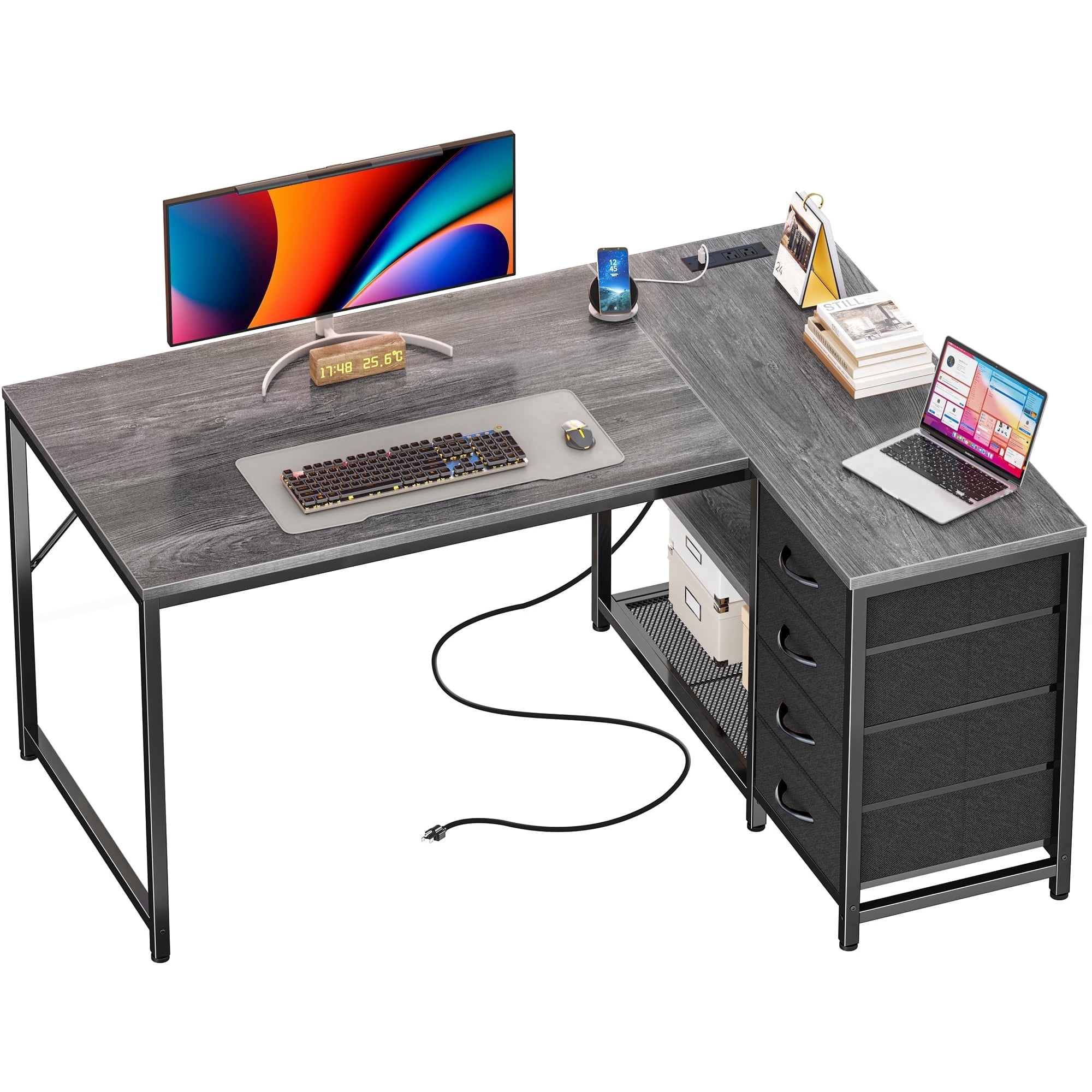 Amadwell 47" Gaming Computer Desk with LED Lights, Power Outlets, Home Office Writing Desk with 4 Drawers, Rustic Brown