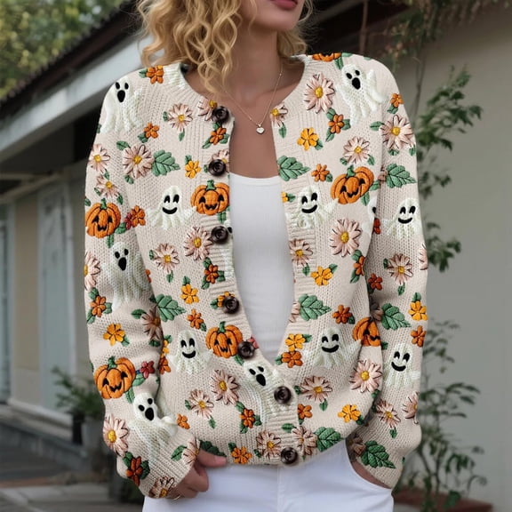 Stralyhd Halloween Sweaters for Women Plus Size Funny Pumpkin Ghost Knit Cardigans Open Front Long Sleeve Soft Casual Fall Trendy Outerwear Tops Beige 5XL