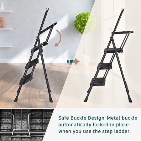 Folding 3 Step Ladder with Wide Anti-Slip Steps and Tool Tray, Heavy-Duty 500 lbs Capacity Lightweight Step Stool for Home, Office, and Garage, Black