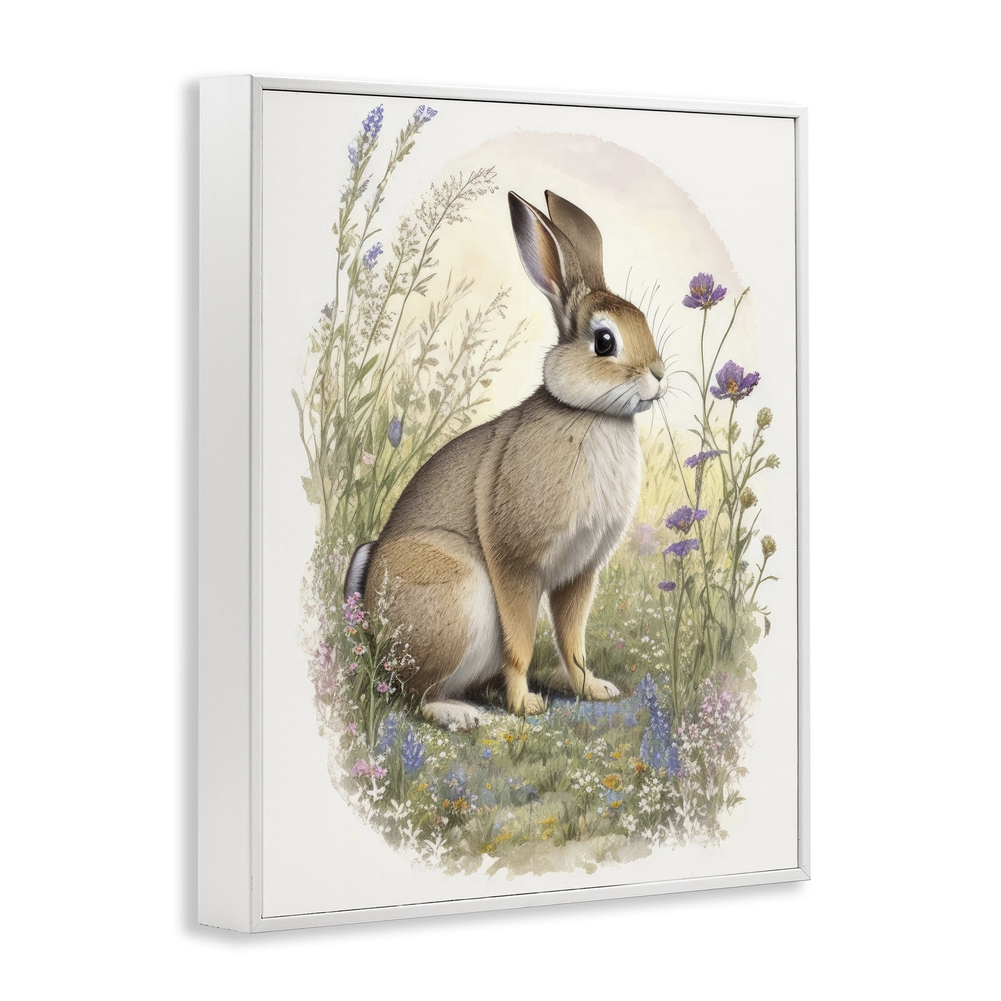 Stupell Industries Rabbit with Meadow Blooms Animals & Insects Painting White Framed Art Print Wall Art, 11 x 14